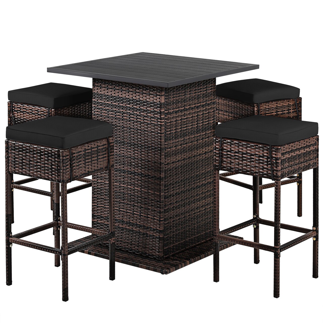 5-Piece Outdoor Bar Set with Storage Black PE Rattan Patio Furniture with Cushioned Stools & PS Slat Table for Garden